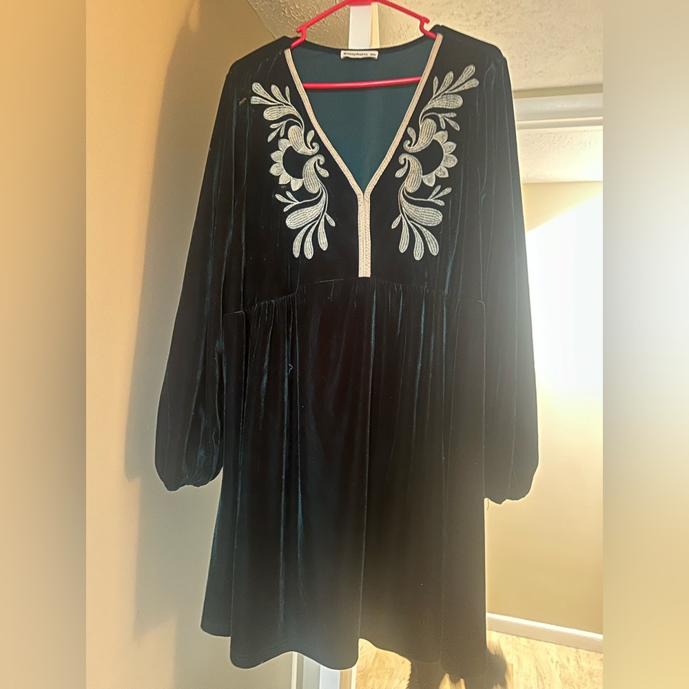Green Velvet Dress with White Embroidery boho holiday dress